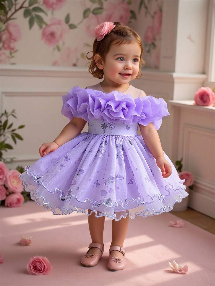 Girls elegant princess dress lavender with ruffled sleeves, layered tulle skirt, and decorative back bow, displayed for catalog