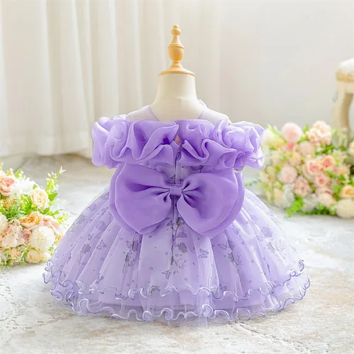 Girls elegant princess dress lavender with ruffled sleeves, layered tulle skirt, and decorative back bow, displayed for catalog