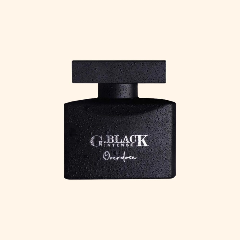 G. Black Intense Overdose Eau de Parfum bottle and packaging, sleek matte black design, bold men’s fragrance