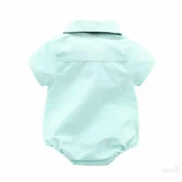 Baby boy mint green formal outfit set with bow tie, suspenders, navy shorts, and matching cap, displayed for catalog.