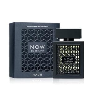 NOW Eau de Parfum by RAVE, black bottle with geometric lattice design, modern masculine fragrance