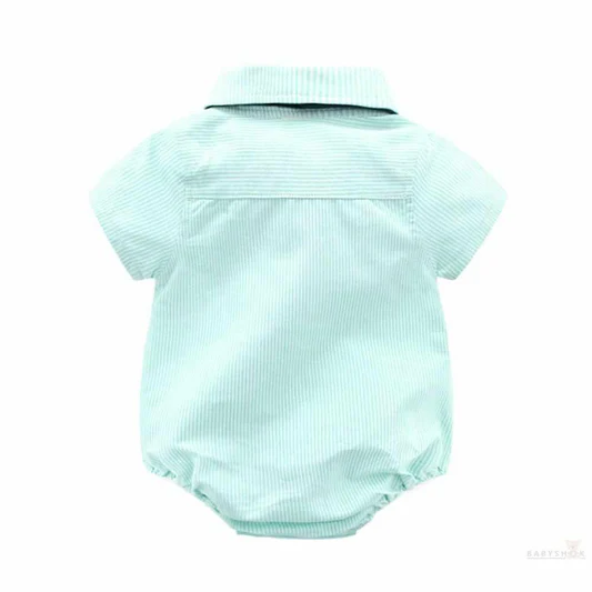 Baby boy mint green formal outfit set with bow tie, suspenders, navy shorts, and matching cap, displayed for catalog.