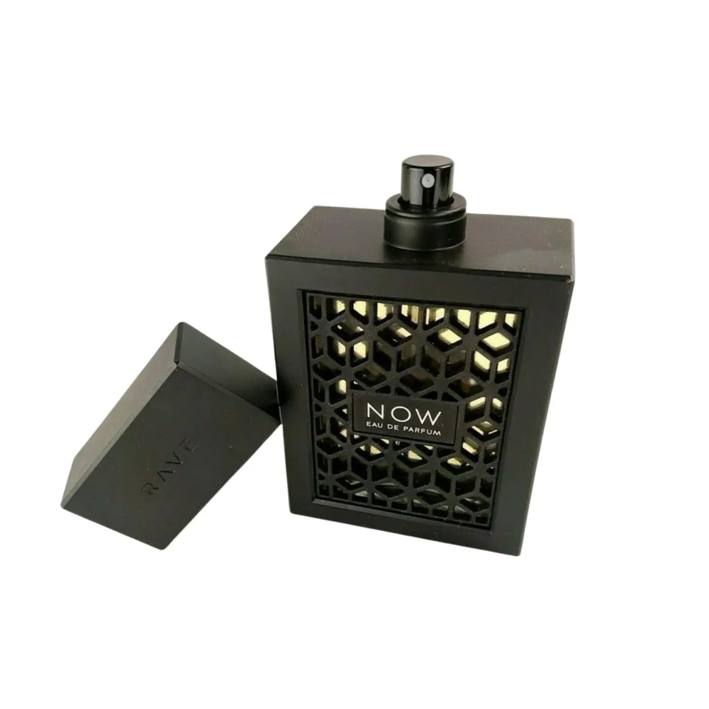 NOW Eau de Parfum by RAVE, black bottle with geometric lattice design, modern masculine fragrance