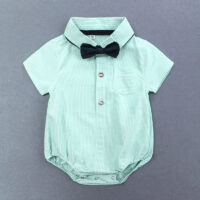 Baby boy mint green formal outfit set with bow tie, suspenders, navy shorts, and matching cap, displayed for catalog.