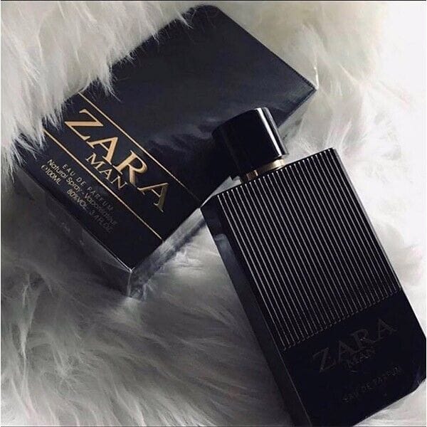 Zara Man Eau de Parfum black bottle with gold accents, sleek modern men’s fragrance design