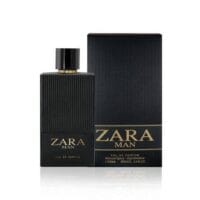 Zara Man Eau de Parfum black bottle with gold accents, sleek modern men’s fragrance design
