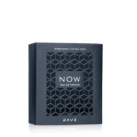 NOW Eau de Parfum by RAVE, black bottle with geometric lattice design, modern masculine fragrance