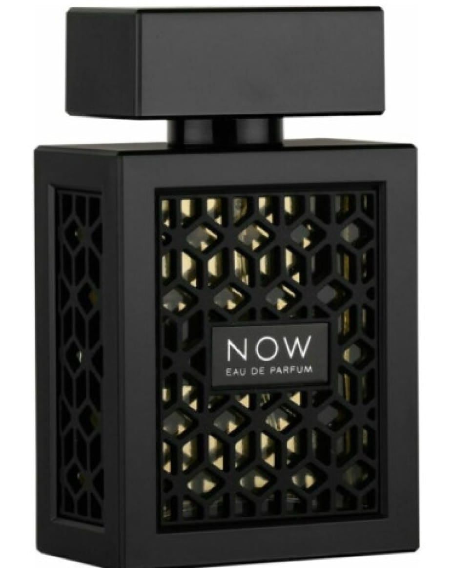 NOW Eau de Parfum by RAVE, black bottle with geometric lattice design, modern masculine fragrance
