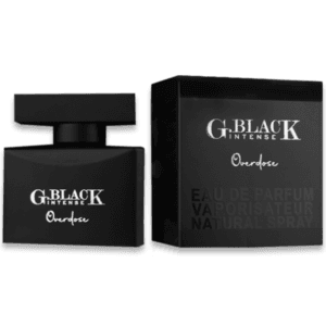 G. Black Intense Overdose Eau de Parfum bottle and packaging, sleek matte black design, bold men’s fragrance