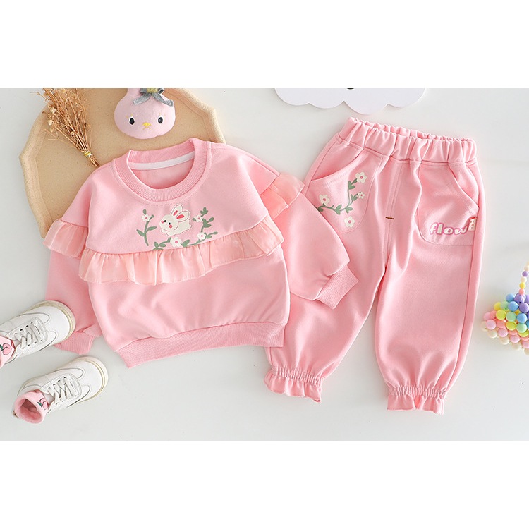 Elegant Baby Girl Outfit Set | Coordinated Infant Fashion Elegant baby girl outfit set with long‑sleeved ruffled top and matching pants decorated with floral embroidery, displayed flat for catalog.