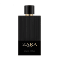 Zara Man Eau de Parfum black bottle with gold accents, sleek modern men’s fragrance design