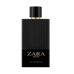 Zara Man Eau de Parfum black bottle with gold accents, sleek modern men’s fragrance design