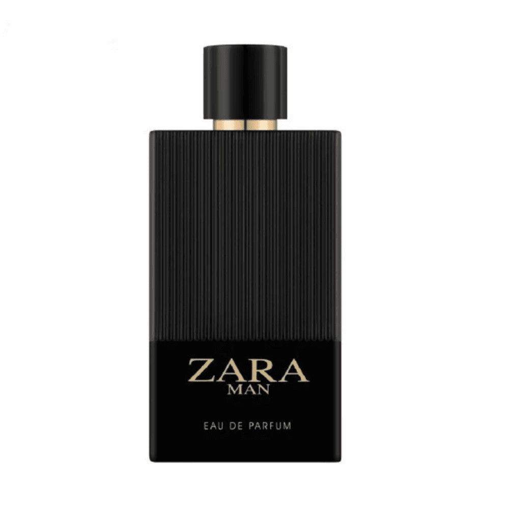 Zara Man Eau de Parfum black bottle with gold accents, sleek modern men’s fragrance design