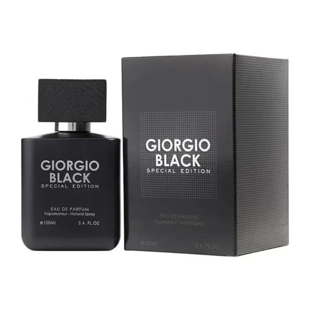 Giorgio Black Special Edition Eau de Parfum bottle and packaging, sleek matte black design, luxury men’s fragrance