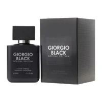 Giorgio Black Special Edition Eau de Parfum bottle and packaging, sleek matte black design, luxury men’s fragrance