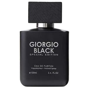 Giorgio Black Special Edition Eau de Parfum bottle and packaging, sleek matte black design, luxury men’s fragrance
