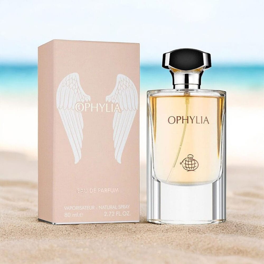 Ophylia Eau de Parfum perfume bottle and packaging with angel wings design, feminine fragrance