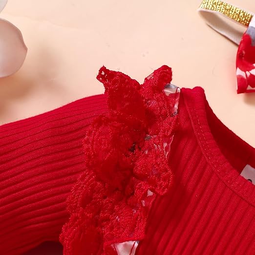 Baby girl red floral dress set with ribbed bodice, lace detailing, waist bow, floral skirt, and matching headband, displayed for catalog.