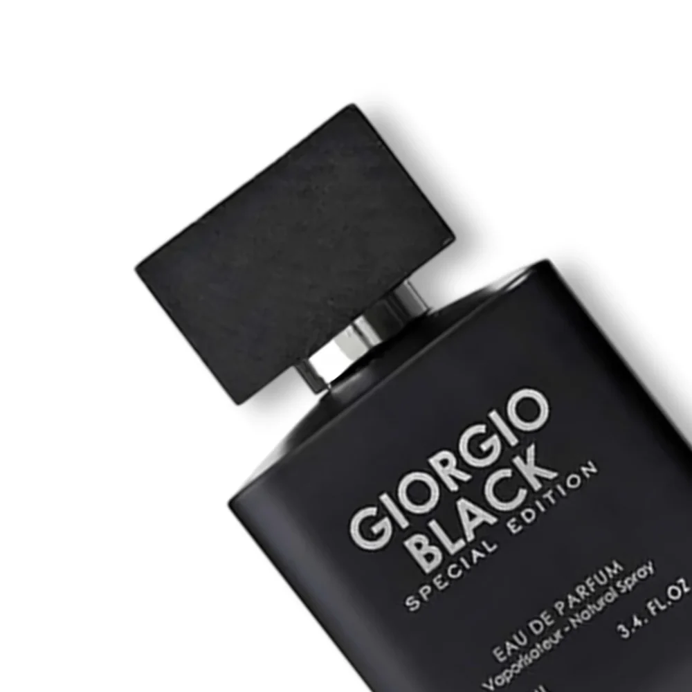 Giorgio Black Special Edition Eau de Parfum bottle and packaging, sleek matte black design, luxury men’s fragrance