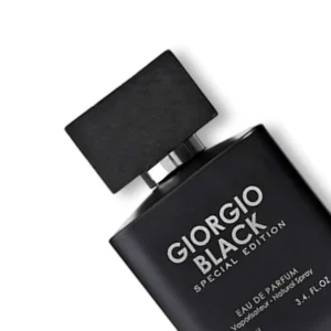 Giorgio Black Special Edition Eau de Parfum bottle and packaging, sleek matte black design, luxury men’s fragrance