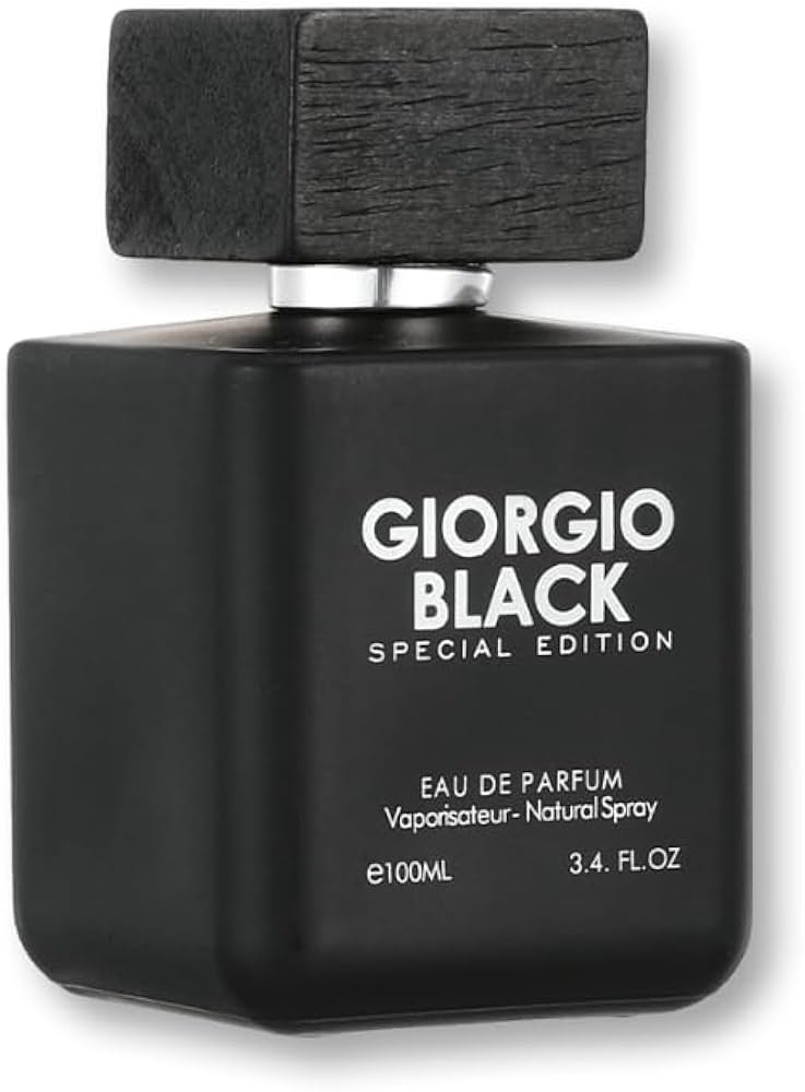 Giorgio Black Special Edition Eau de Parfum bottle and packaging, sleek matte black design, luxury men’s fragrance