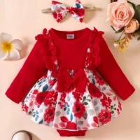 Baby girl red floral dress set with ribbed bodice, lace detailing, waist bow, floral skirt, and matching headband, displayed for catalog.