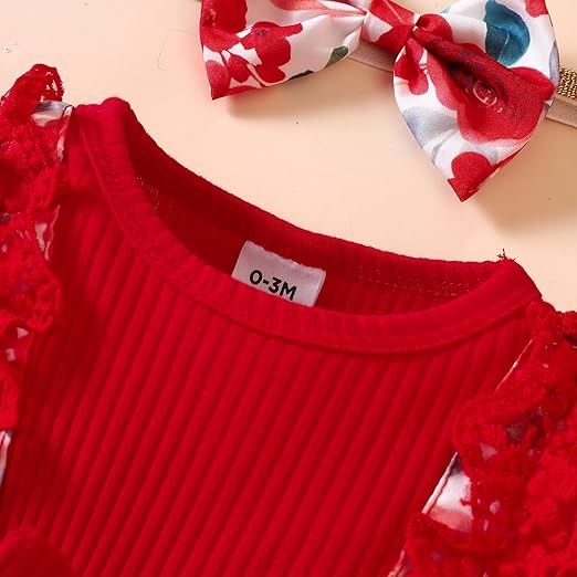 Baby girl red floral dress set with ribbed bodice, lace detailing, waist bow, floral skirt, and matching headband, displayed for catalog.