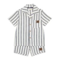 Boys striped shirt and shorts set with collared shirt, button‑down front, chest pocket, and matching striped shorts, displayed for catalog.