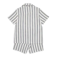 Boys striped shirt and shorts set with collared shirt, button‑down front, chest pocket, and matching striped shorts, displayed for catalog.