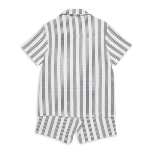 Boys striped shirt and shorts set with collared shirt, button‑down front, chest pocket, and matching striped shorts, displayed for catalog.