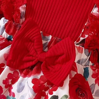 Baby girl red floral dress set with ribbed bodice, lace detailing, waist bow, floral skirt, and matching headband, displayed for catalog.