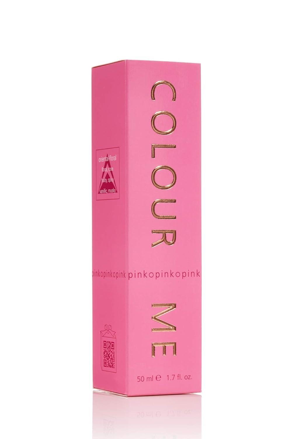 COLOUR ME Pink Eau de Parfum, sleek pink bottle with gold branding, elegant floral perfume for women
