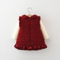 Baby girl red velvet dress set with Peter Pan collar, ruffled trim, decorative buttons, and cream long‑sleeve top, displayed for catalog.