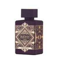Badee Al Oud Amethyst by Lattafa, ornate purple bottle with gold design, luxury oriental perfume