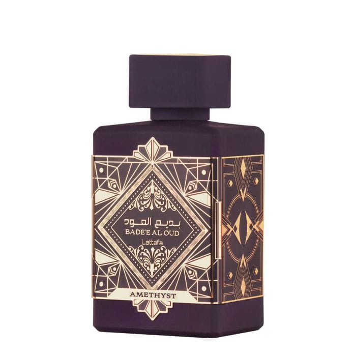Badee Al Oud Amethyst by Lattafa, ornate purple bottle with gold design, luxury oriental perfume