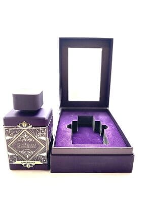 Badee Al Oud Amethyst by Lattafa, ornate purple bottle with gold design, luxury oriental perfume