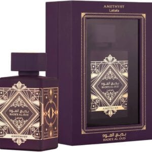 Badee Al Oud Amethyst by Lattafa, ornate purple bottle with gold design, luxury oriental perfume
