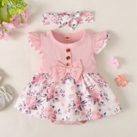 Baby girl floral dress set featuring ribbed bodice, waist bow, floral skirt, and matching headband. Perfect for birthdays, photoshoots, and special occasions