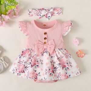 Baby girl floral dress set featuring ribbed bodice, waist bow, floral skirt, and matching headband. Perfect for birthdays, photoshoots, and special occasions