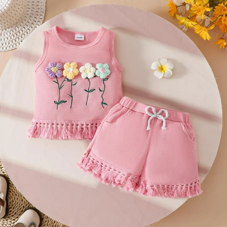 Girls Summer Outfit Set – Sleeveless Top & Shorts with Fringe Trim