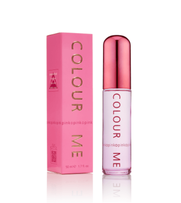COLOUR ME Pink Eau de Parfum, sleek pink bottle with gold branding, elegant floral perfume for women