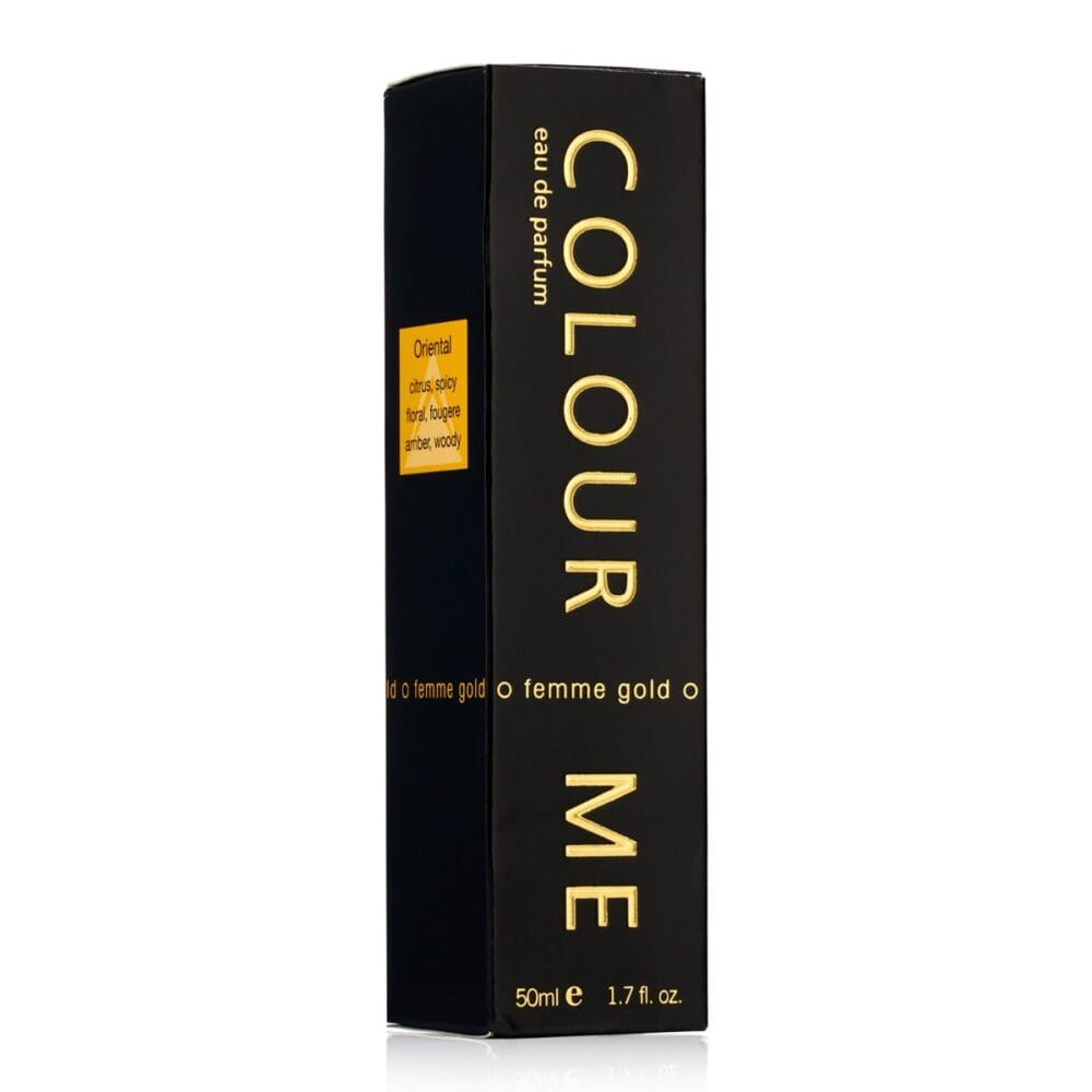 COLOUR ME Femme Gold Eau de Parfum, sleek black and gold bottle, luxurious oriental perfume for women