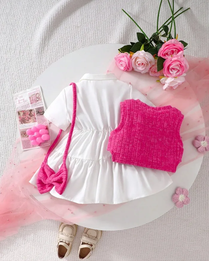 Girls white dress and pink knitted vest set with embroidery, floral appliqués, tiered skirt, and matching accessories, displayed for catalog