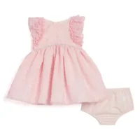 Baby girl bloomers dress set with sleeveless dress, ruffled straps, scalloped hem, and matching bloomers, displayed for catalog.