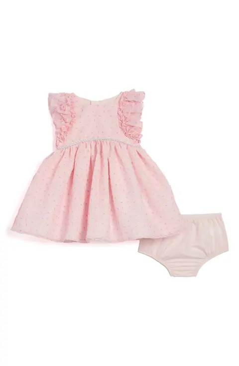 Baby girl bloomers dress set with sleeveless dress, ruffled straps, scalloped hem, and matching bloomers, displayed for catalog.
