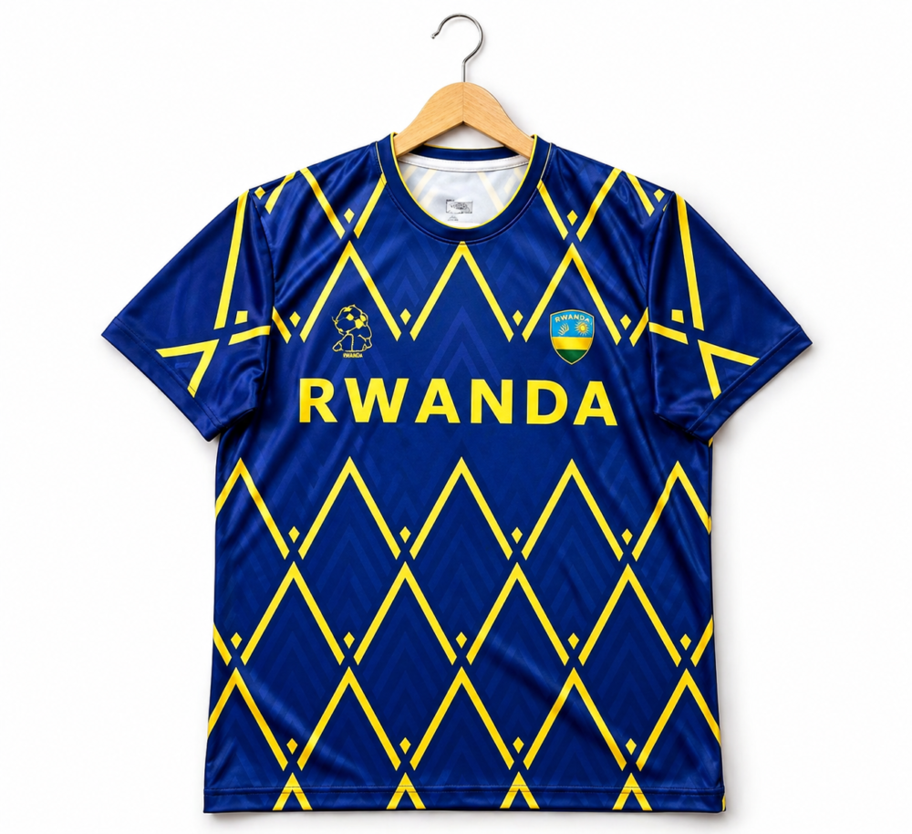 Tsapa Rwanda national edition jersey in deep blue and yellow gold with geometric patterns