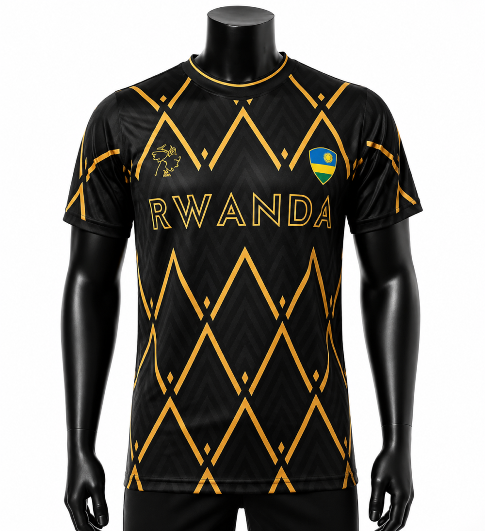 Tsapa Rwanda national edition sports jersey in black and gold with geometric patterns and Rwandan flag crest