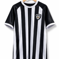 Official APR FC home jersey with black and white vertical stripes and club lion crest on a wooden hanger – Tsapa Rwanda.