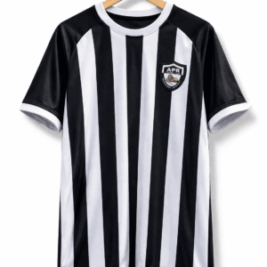 Official APR FC home jersey with black and white vertical stripes and club lion crest on a wooden hanger – Tsapa Rwanda.