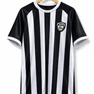 Official APR FC home jersey with black and white vertical stripes and club lion crest on a wooden hanger – Tsapa Rwanda.